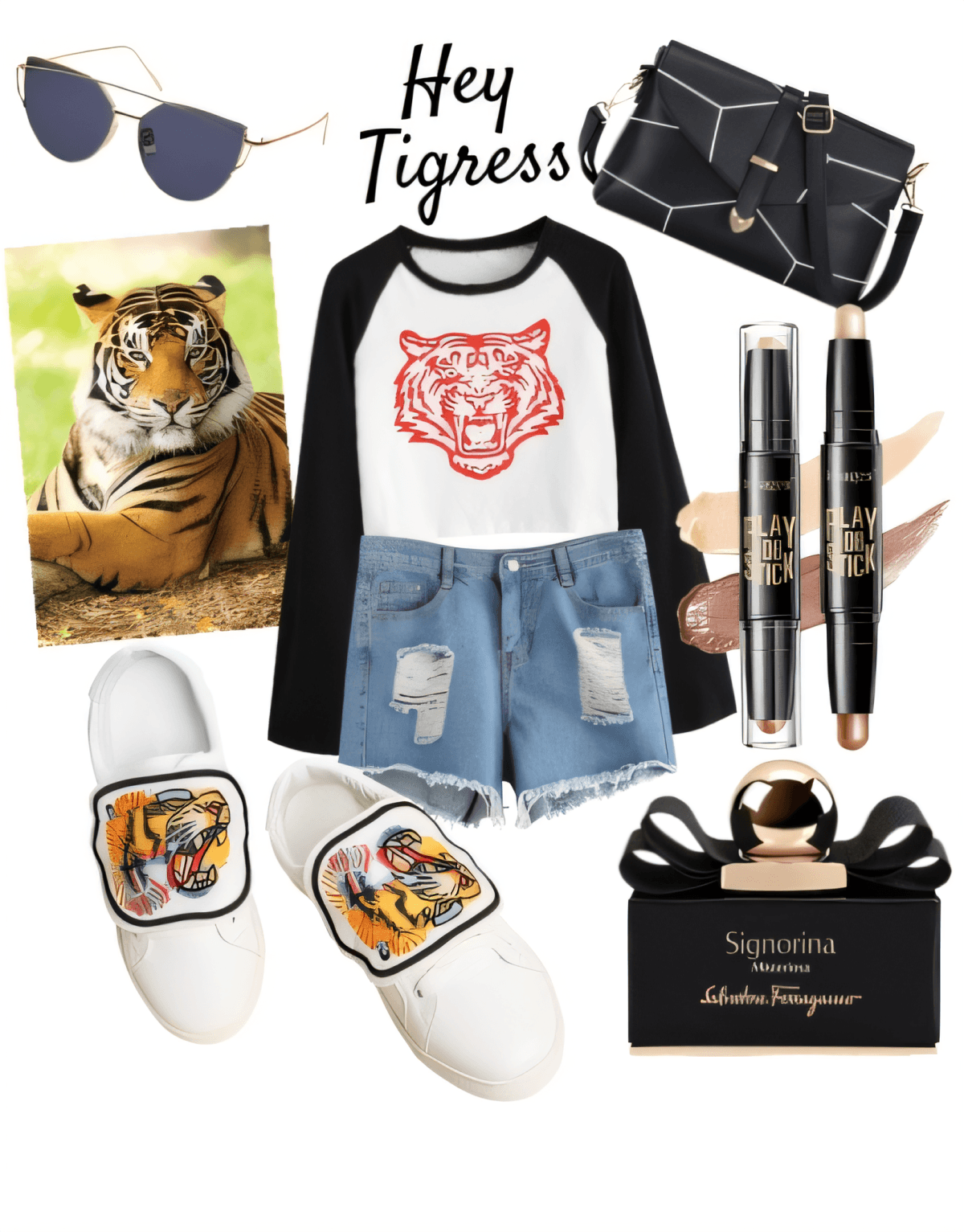 Casual-chic ensemble featuring tiger graphic raglan tee, distressed denim shorts, tiger-print sneakers, sunglasses, and luxury accessories