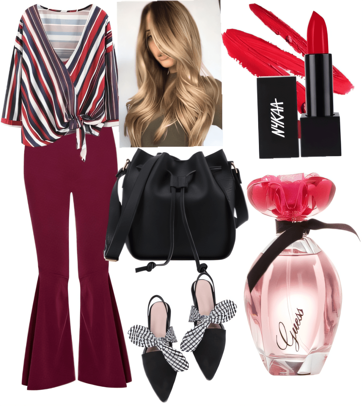 Lässig-schickes Outfit mit gestreiftem Wickeltop, burgunderfarbener Schlaghose, schwarzen Accessoires und Beauty-Essentials