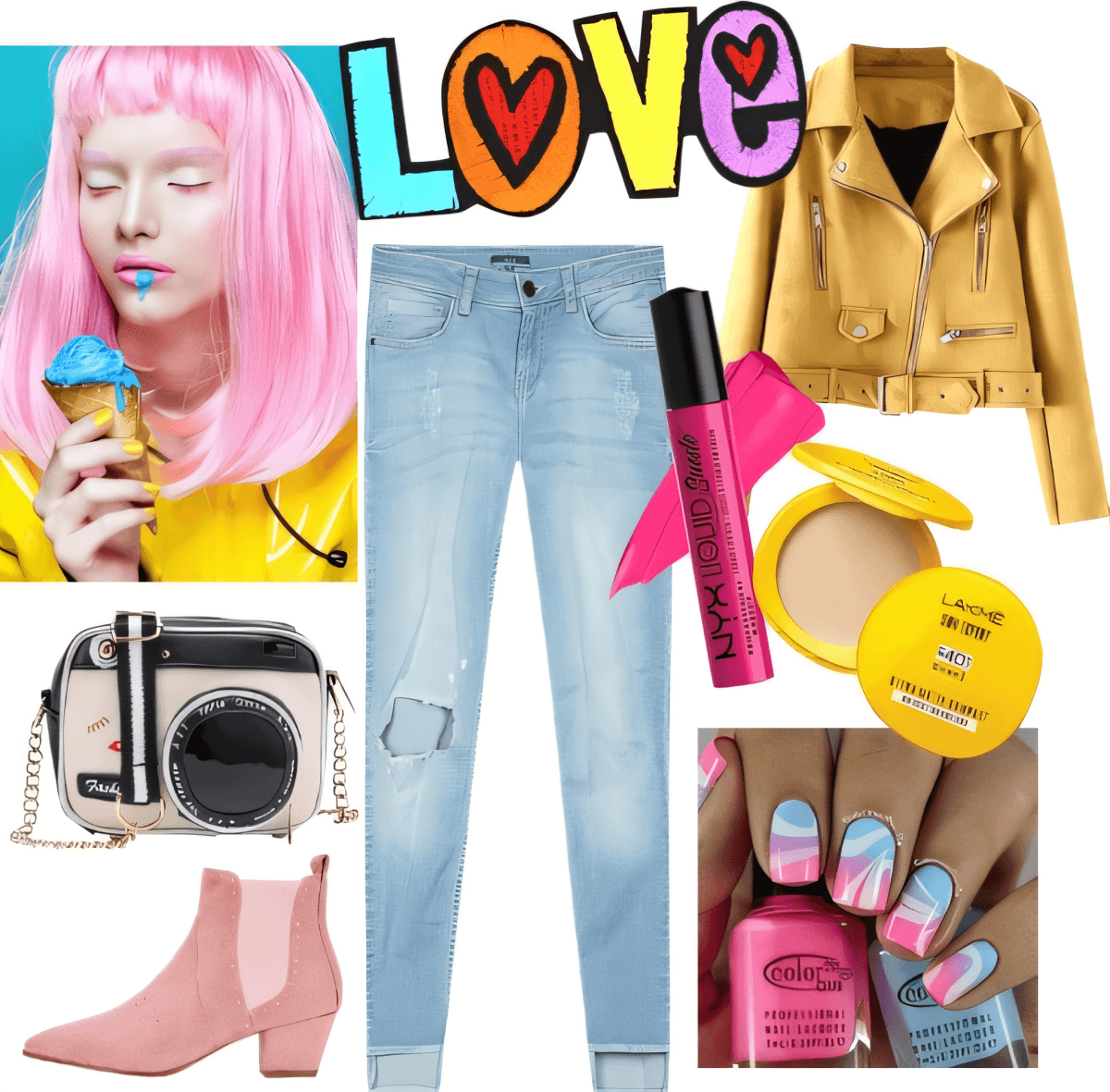 Atuendo de street style en tonos pastel con jeans desgastados, chaqueta de cuero mostaza, botas rosas, bolso para cámara y nail art en tonos pastel