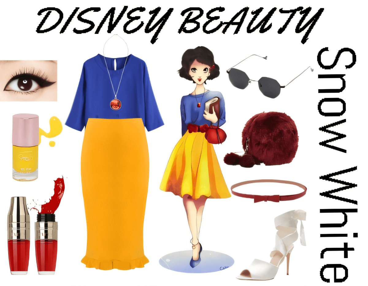 Disney-inspired modern outfit featuring royal blue top, yellow pencil skirt, white heels, burgundy accessories and delicate jewelry