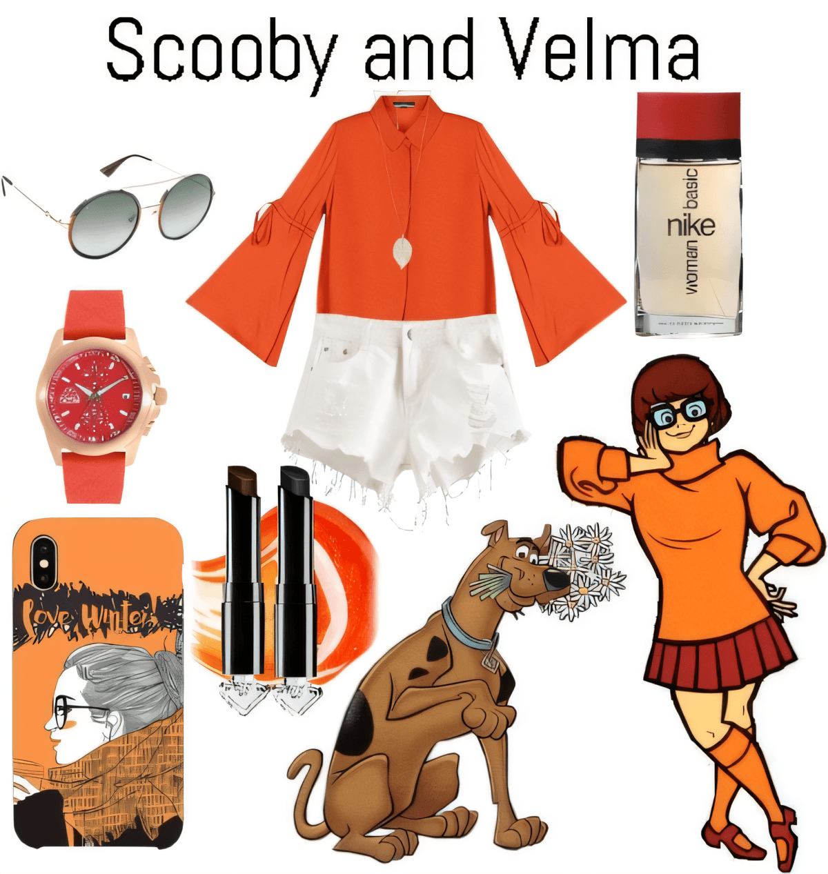 Tenue d'inspiration rétro avec chemisier orange à manches cloches, short blanc, accessoires et éléments inspirés du dessin animé Scooby-Doo