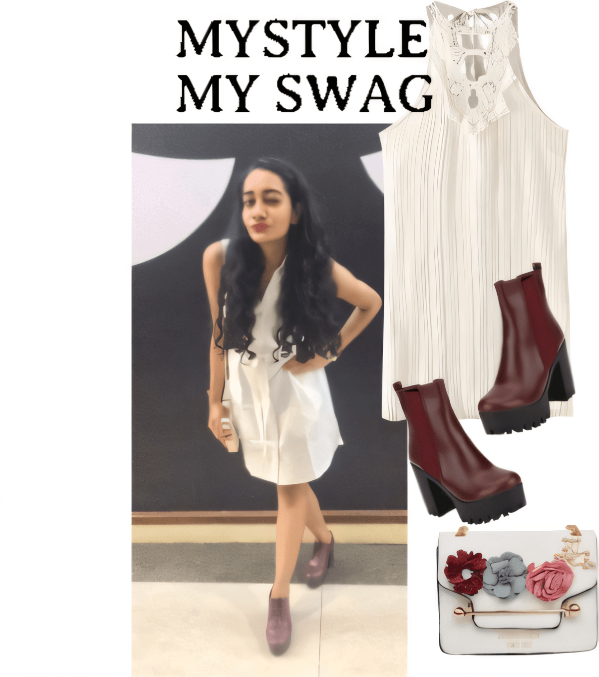 White sleeveless lace dress paired with burgundy platform boots and floral hair accessories