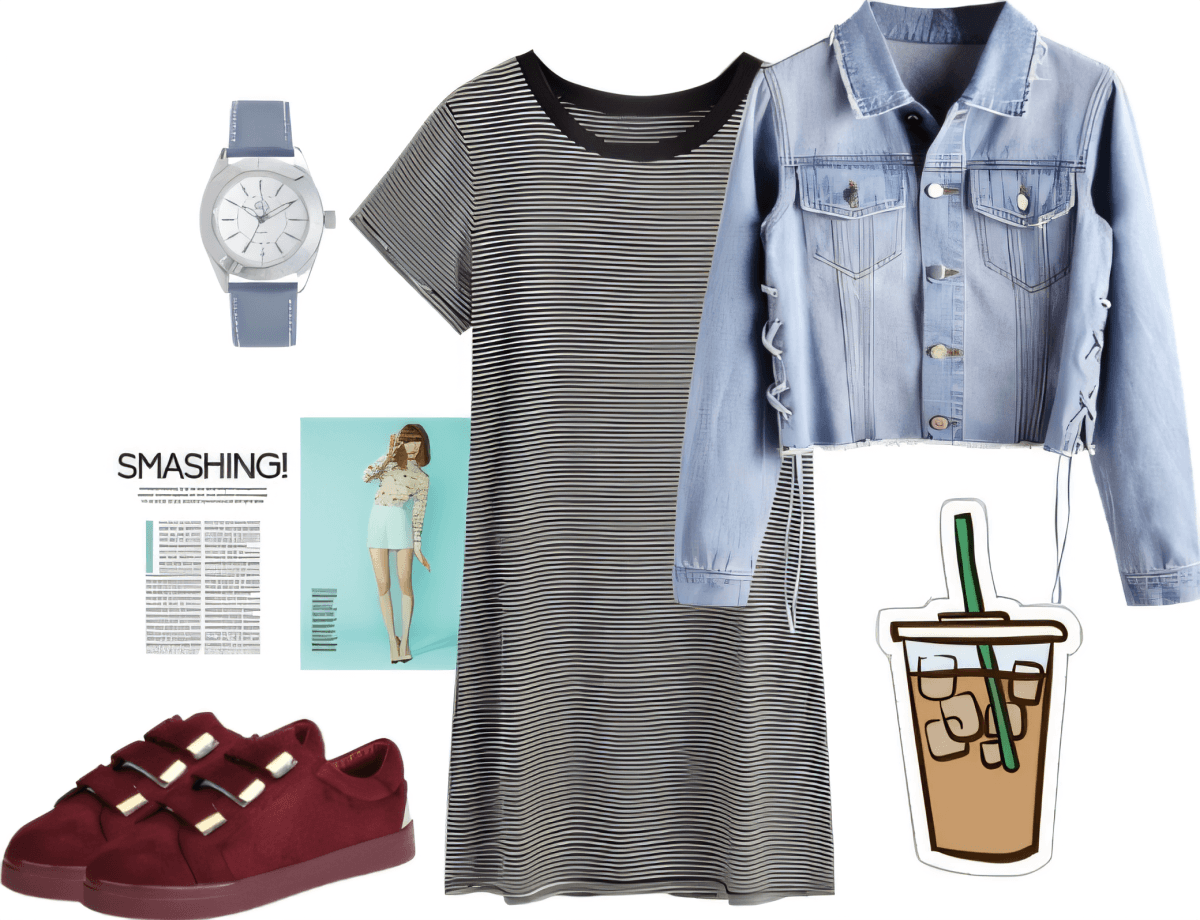 Conjunto informal con vestido estilo camiseta a rayas, chaqueta vaquera de lavado claro, zapatillas burdeos, reloj gris y gráfico de café helado.