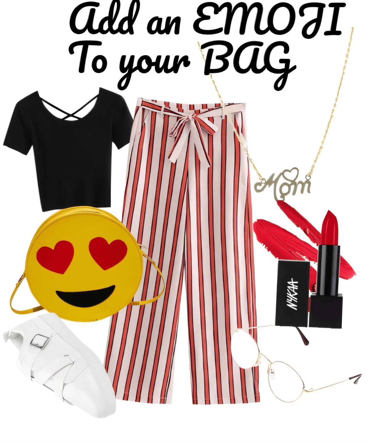Atuendo casual chic con top corto negro, pantalones de rayas rojas y blancas, bolso de emoji, lápiz labial rojo, zapatillas blancas y collar delicado