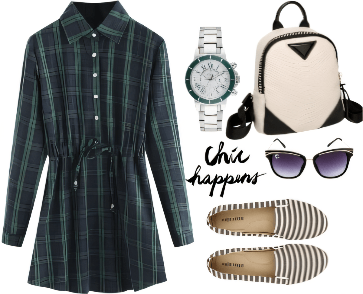 Conjunto casual chic con vestido camisero a cuadros verdes, alpargatas de rayas, mochila color crema, reloj plateado y gafas de sol.