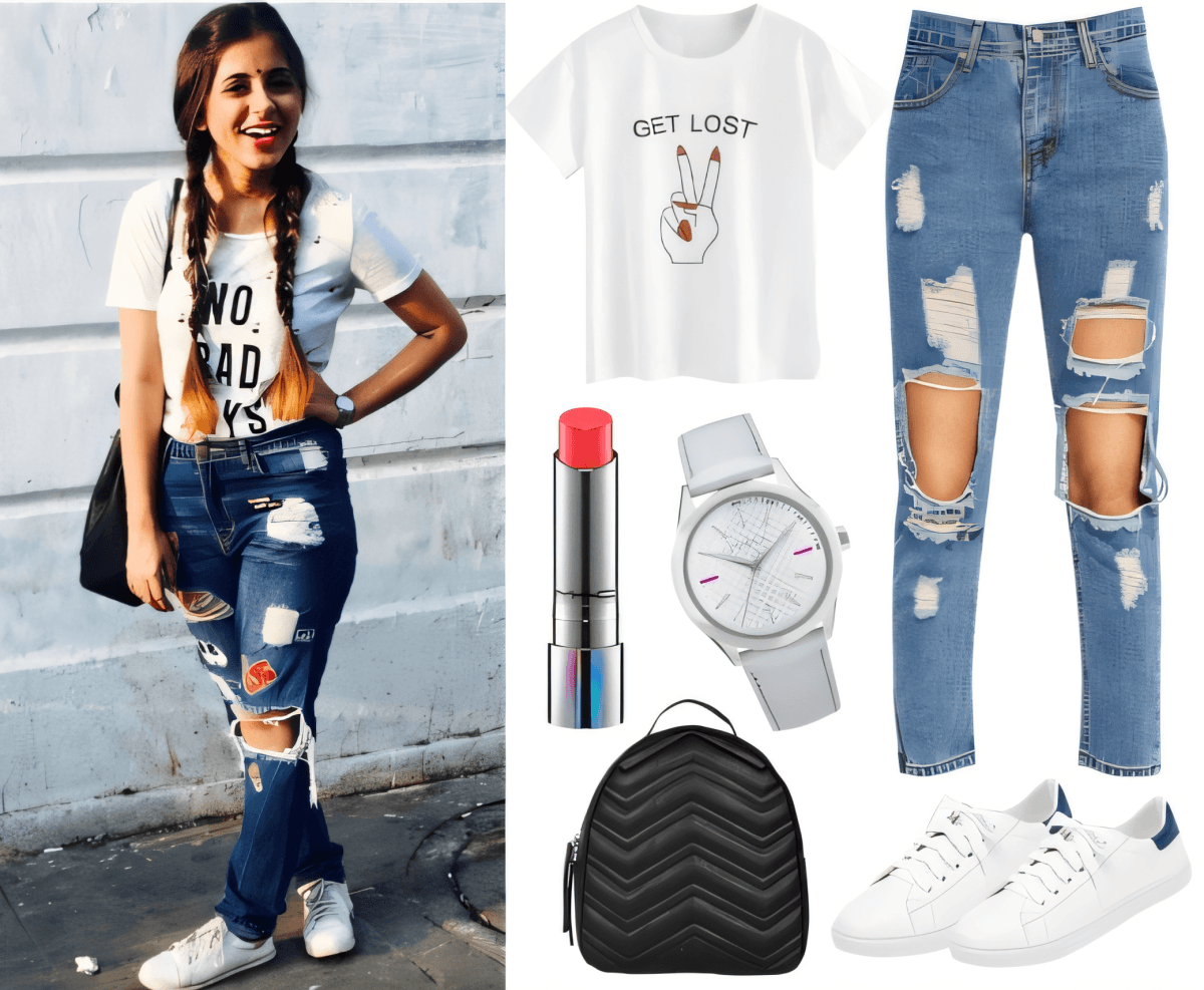 Estilo callejero informal con jeans desgastados, camiseta estampada, zapatillas blancas y mochila negra con accesorios a juego.