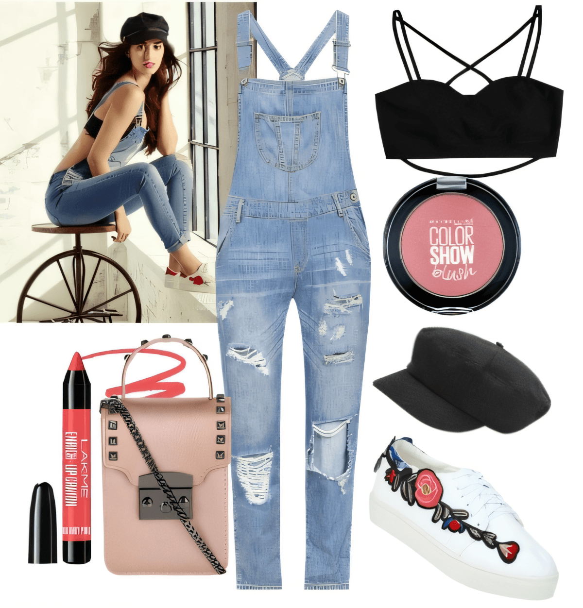 Casual edgy outfit featuring distressed denim overalls, black crop top, floral embroidered sneakers, pink blush, black cap, and nude crossbody bag