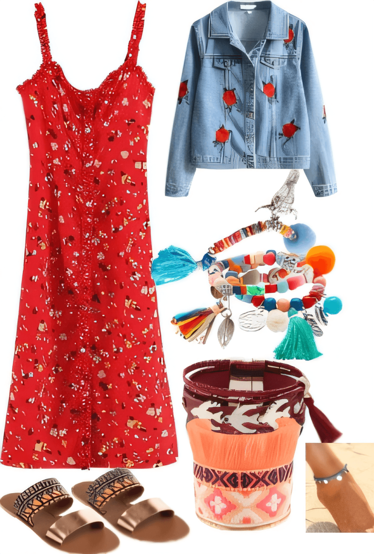 Boho Summer Romance: Red Floral Sundress & Embroidered Denim by priyanka lata