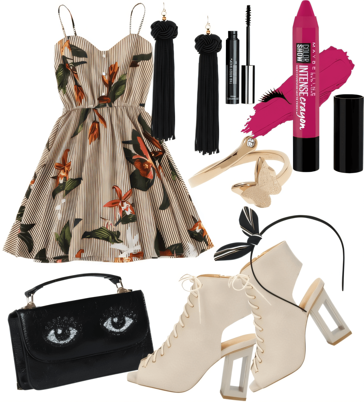 Conjunto de vestido veraniego con estampado floral, botas con cordones color crema, pendientes de borlas negras, bolso con motivo de ojos y lápiz labial rosa