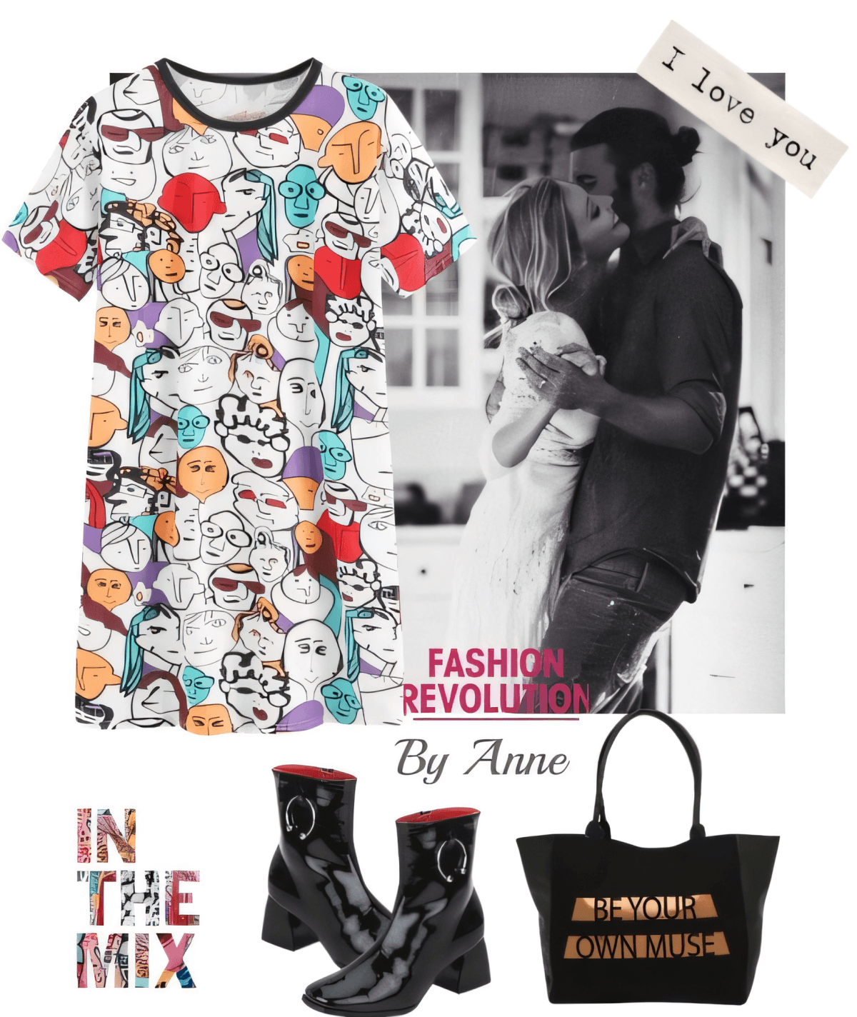Fashion collage featuring cartoon print t-shirt, black ankle boots, and statement tote bag