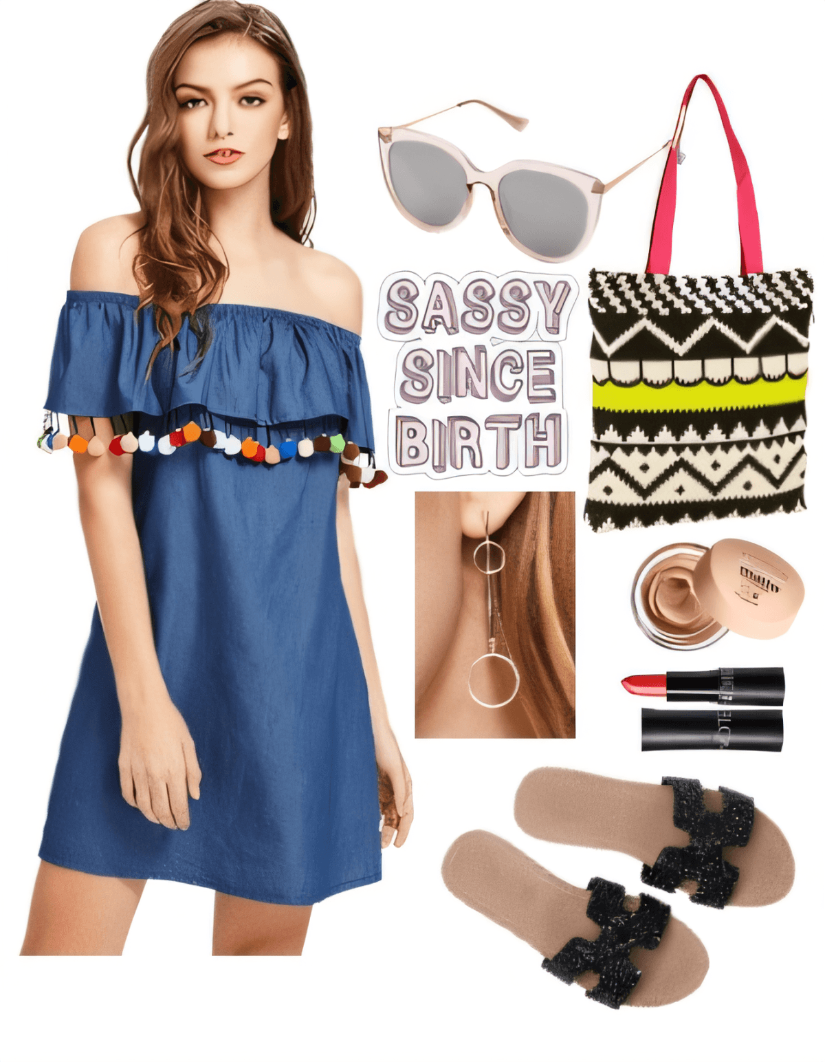 Tenue d'été comprenant une robe en jean à épaules dénudées avec bordure à pompons, des lunettes de soleil roses, un sac fourre-tout à imprimé tribal, des boucles d'oreilles tendance, des sandales noires et des accessoires de maquillage