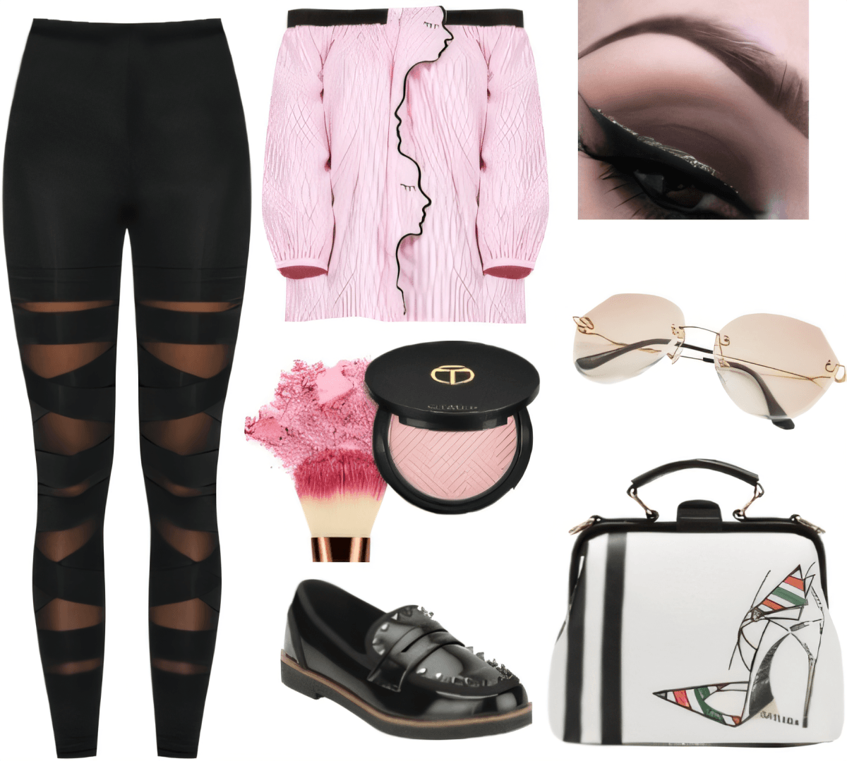 Fashion set featuring black mesh-panel leggings, pink off-shoulder top, loafers, makeup compact, sunglasses, and designer handbag illustration