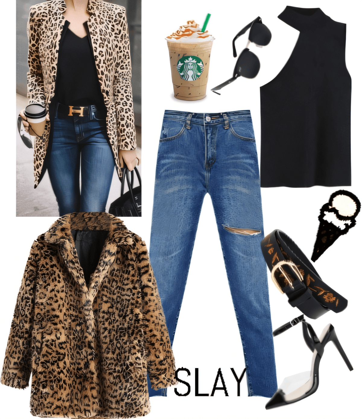 Casual luxe outfit featuring leopard print coat, black top, distressed jeans, black heels, and Starbucks accessory