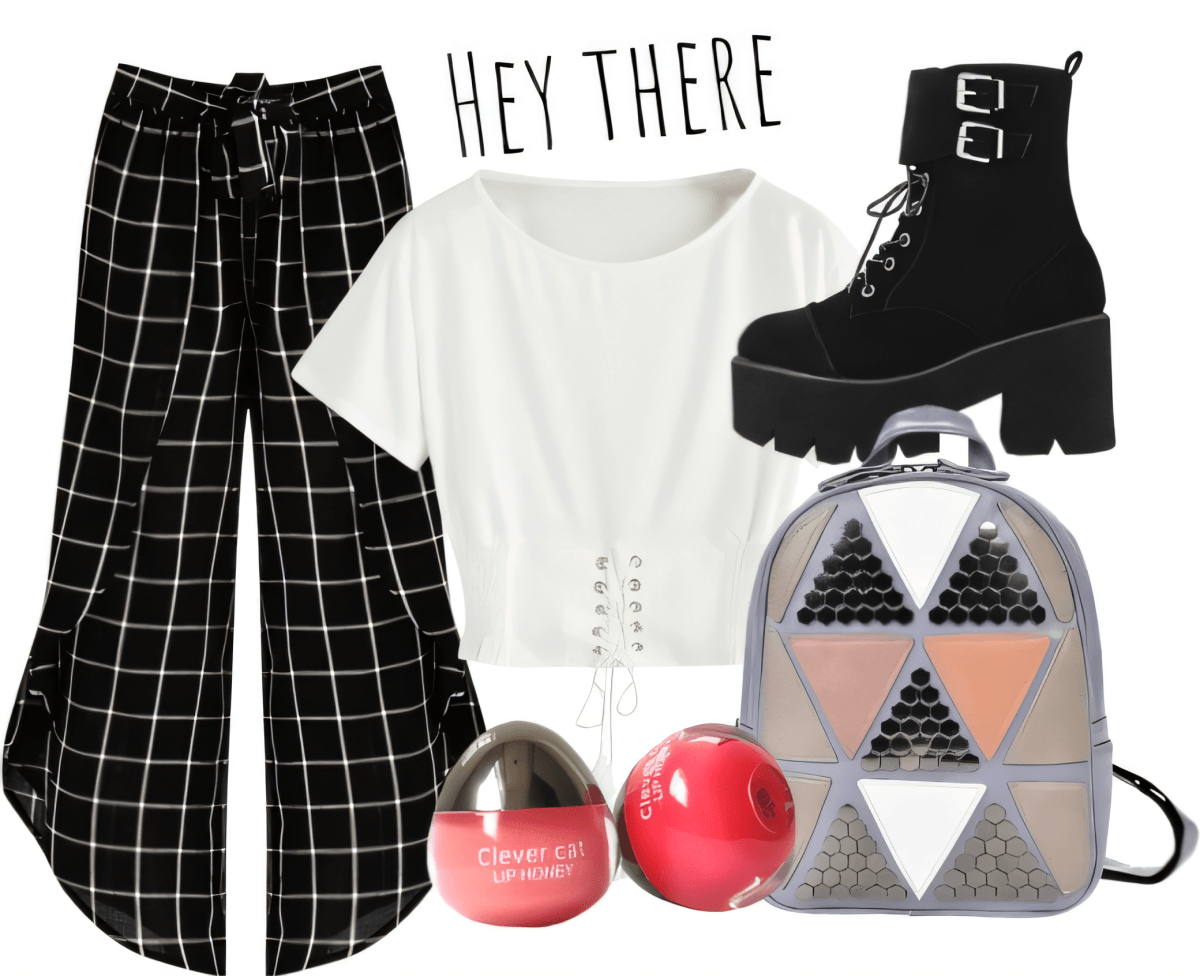 Edgy casual outfit with plaid pants, white crop top, platform combat boots, metallic backpack and pink accessories