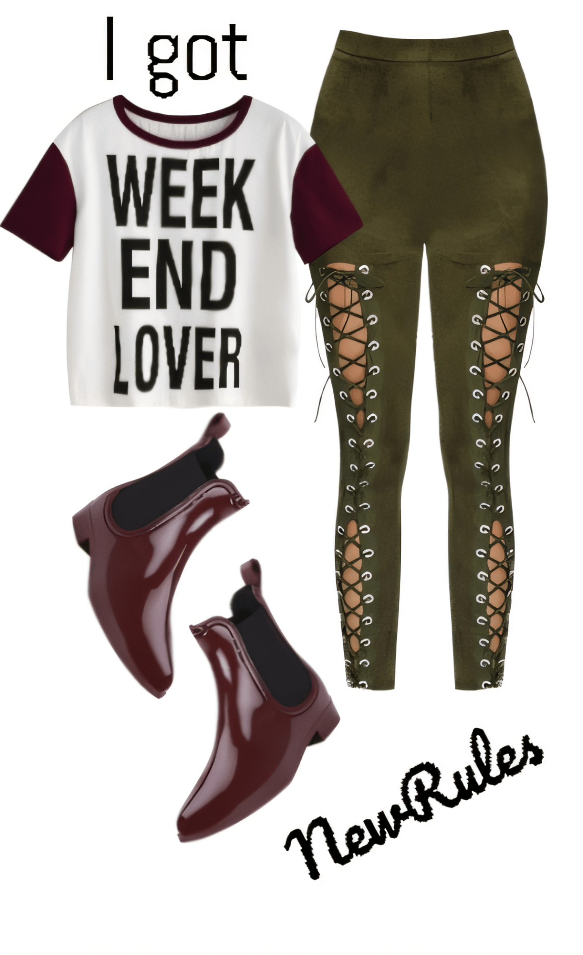 'Weekend Lover' 크롭 탑, 올리브 그린 레이스업 팬츠, 버건디 앵클 부츠로 구성된 캐주얼한 주말 복장