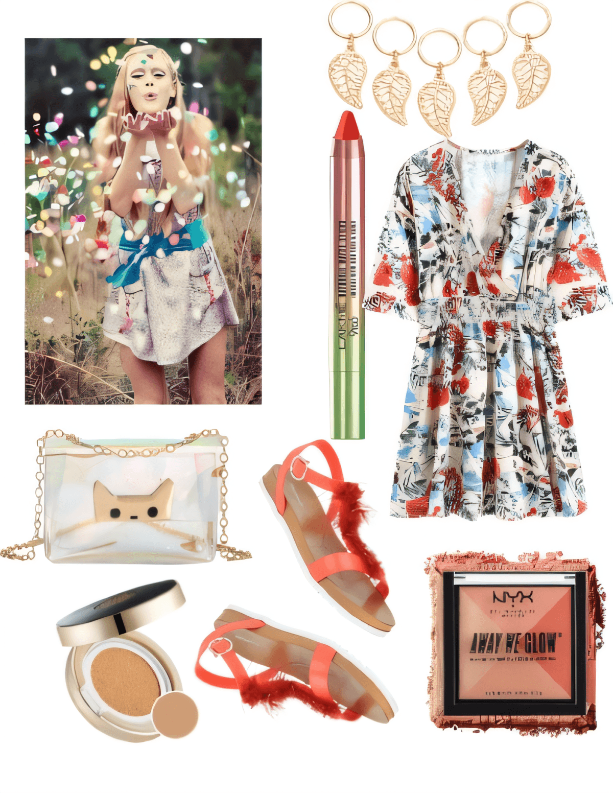 Spring/summer outfit featuring floral print dress, coral sandals, leaf charm accessories, cat purse, and peachy makeup essentials