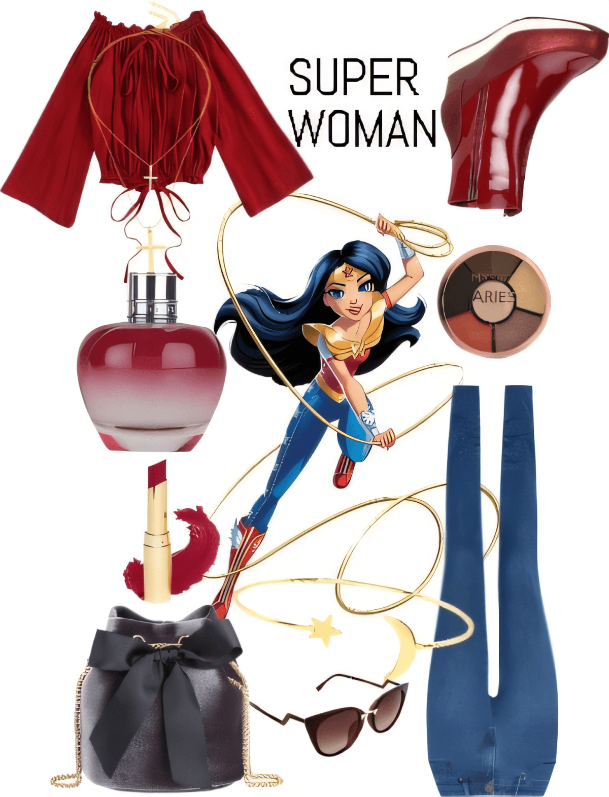Wonder Woman inspired fashion set featuring red crop top, blue pants, red boots, perfume, makeup, and accessories