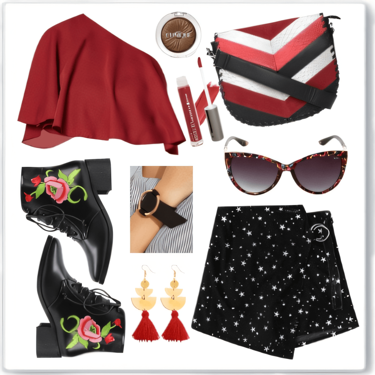 Celestial Romance: Red Cape & Starlit Shorts Ensemble by nisha