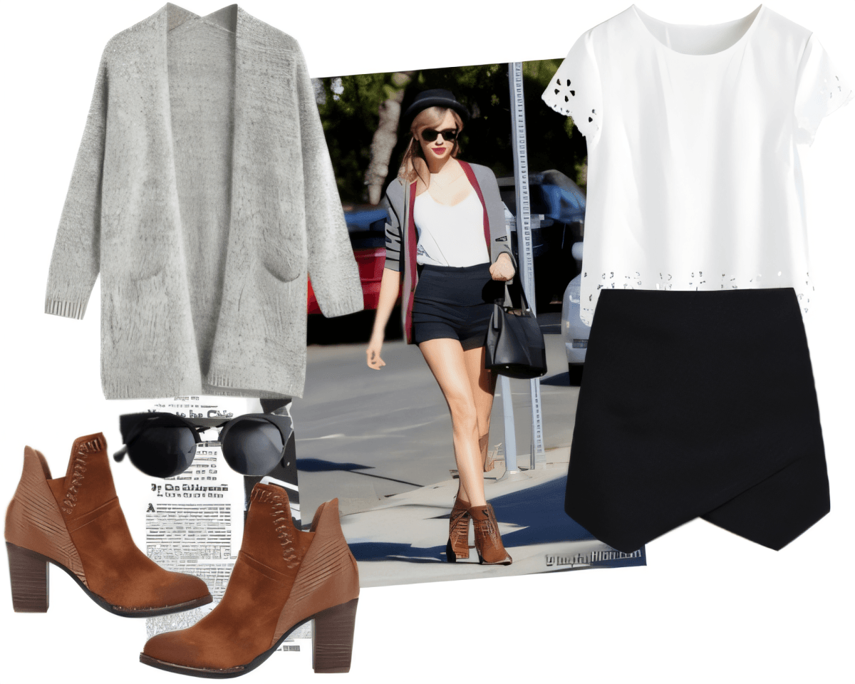 Atuendo casual chic con cárdigan gris, camiseta blanca, falda pantalón negra, botines marrones y gafas de sol