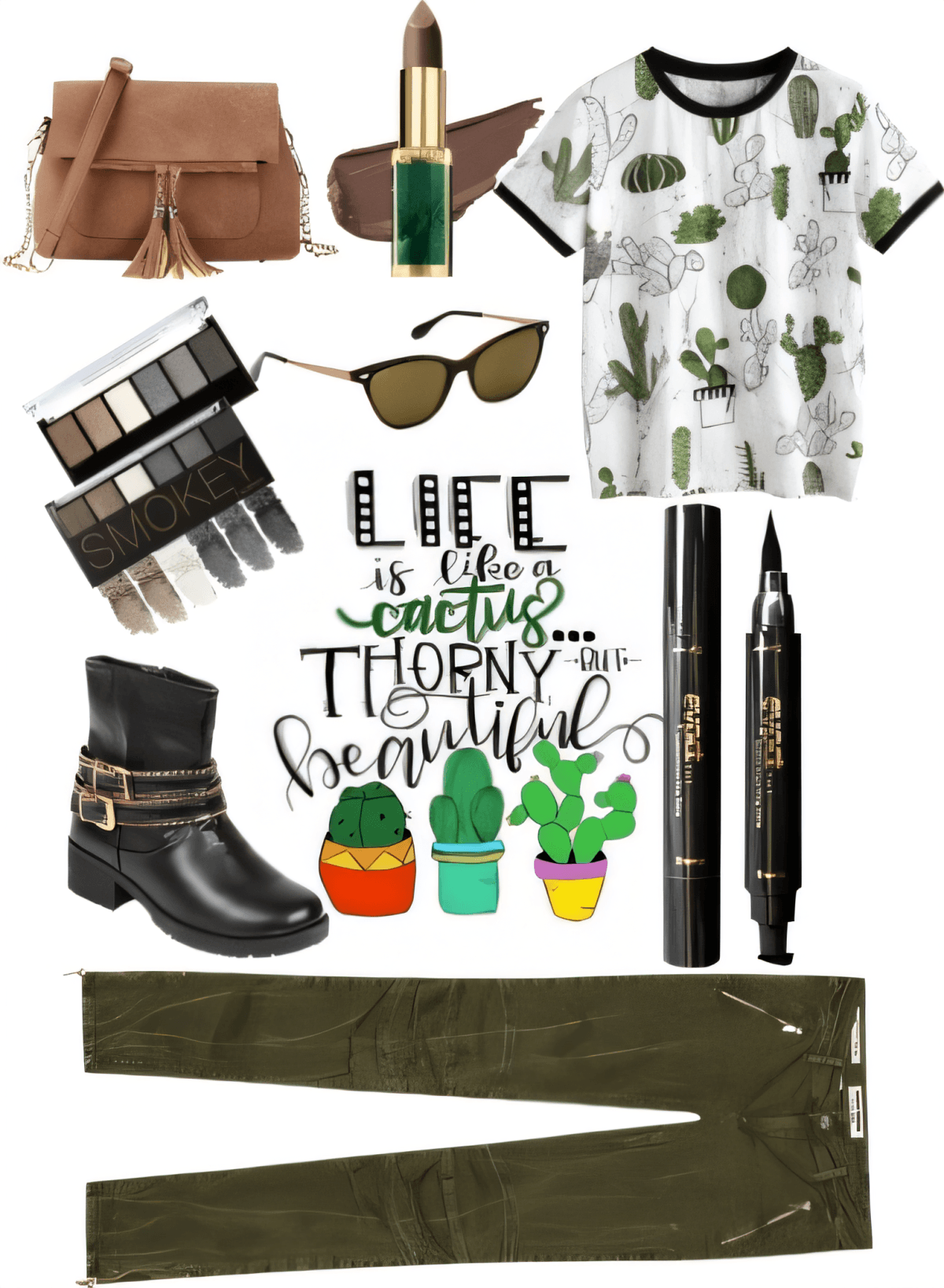 Casual chic outfit with cactus print t-shirt, olive pants, brown ankle boots, brown bag, makeup palette, and accessories