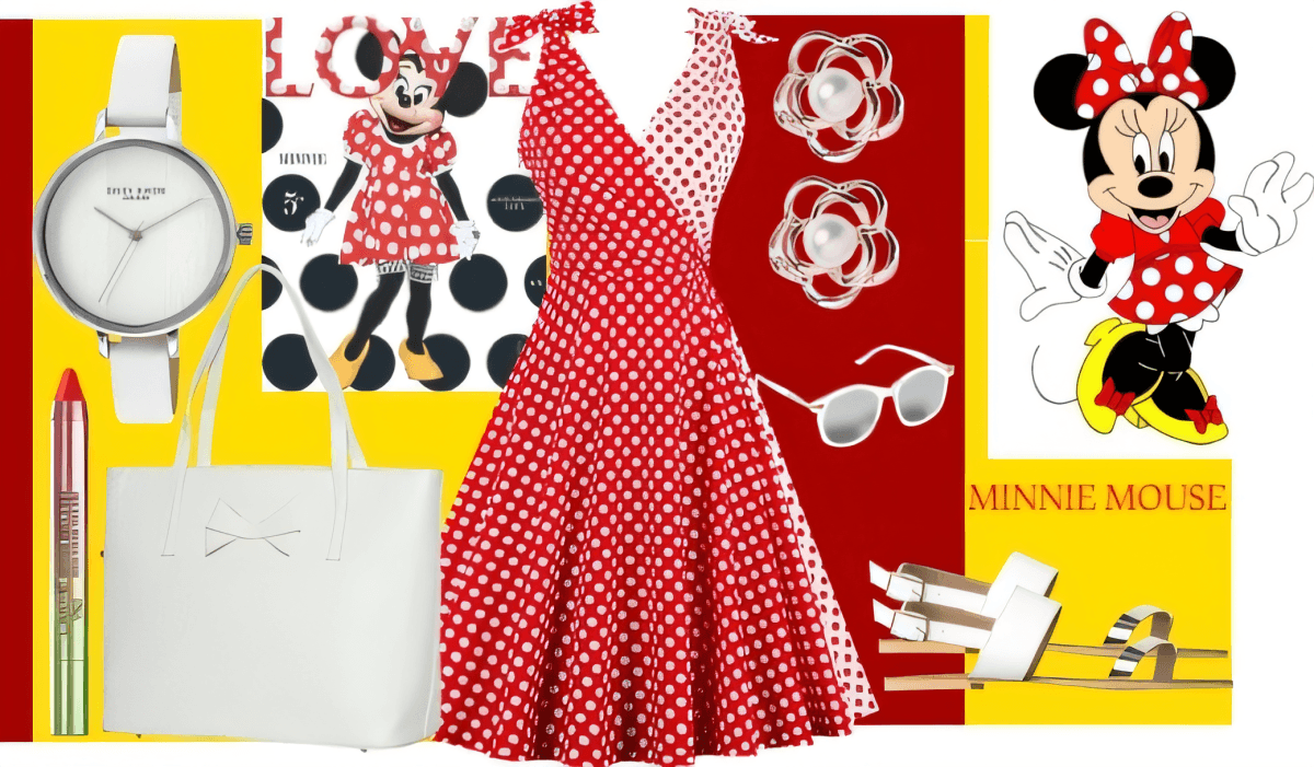 Vintage-style red and white polka dot swing dress with matching accessories including white watch, sunglasses, and Minnie Mouse themed elements