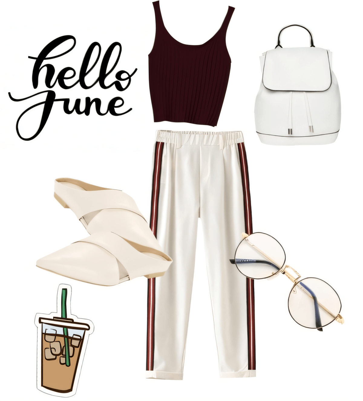 Conjunto casual de verano con top corto burdeos, pantalones deportivos blancos, sandalias color crema, mochila blanca, gafas redondas y pegatina de café helado