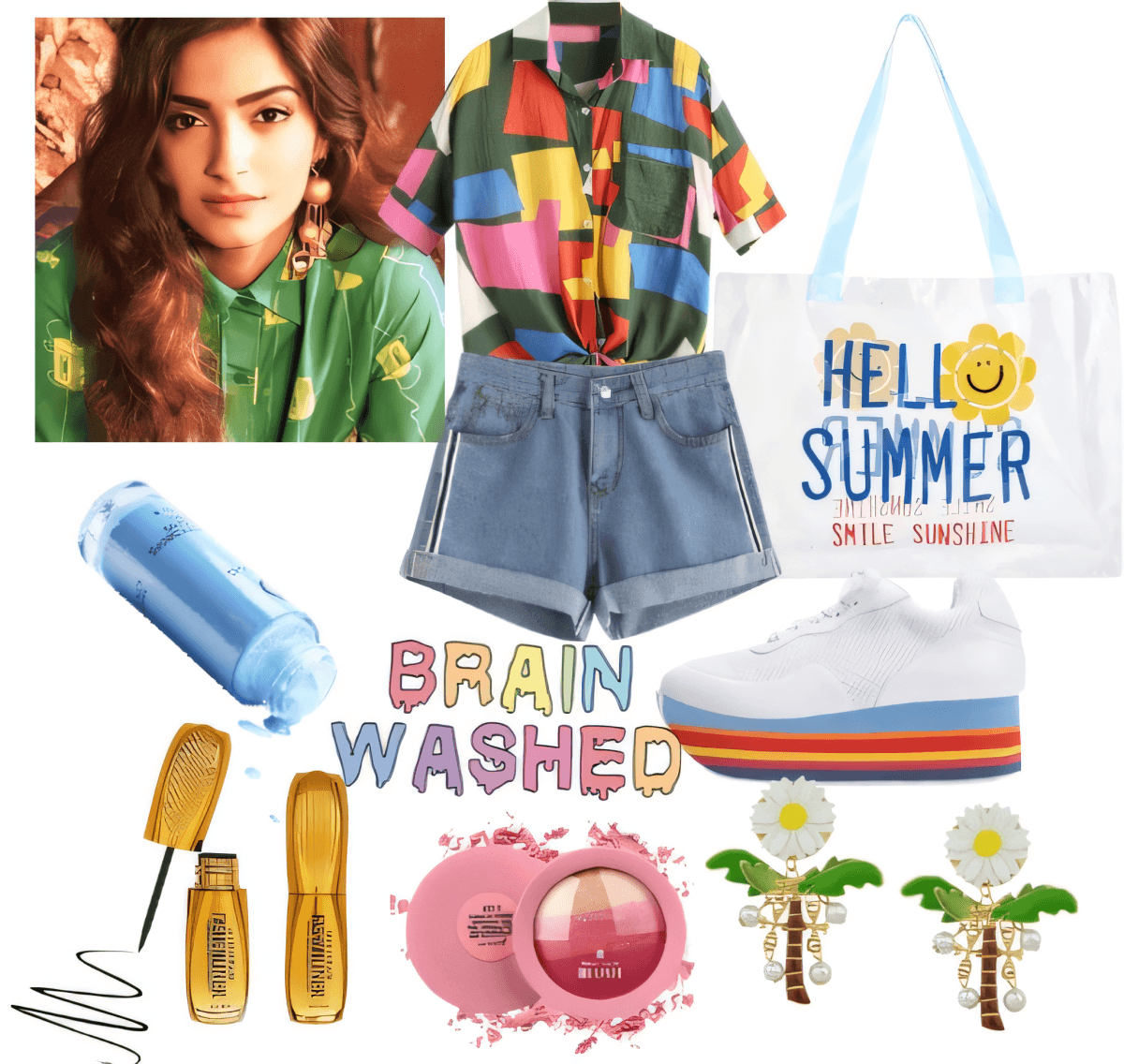 Summer outfit featuring colorful geometric print shirt, denim shorts, white platform sneakers, tote bag, and retro accessories