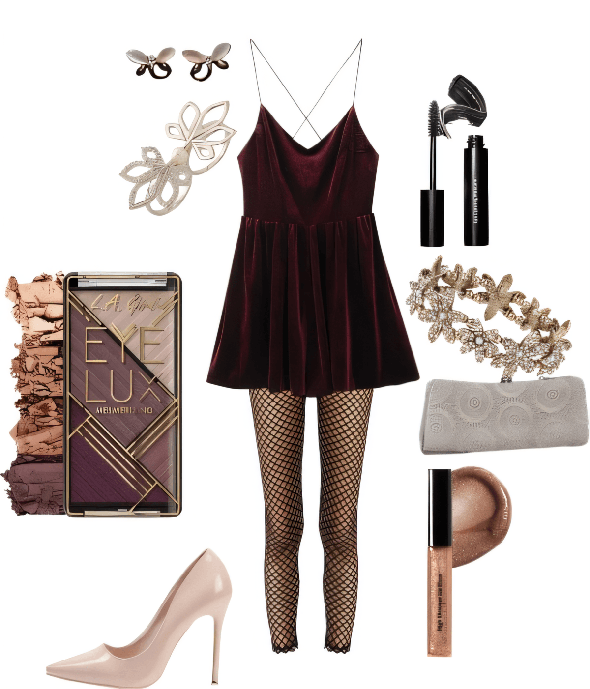 Abendoutfit bestehend aus burgunderfarbenem Samtkleid, Netzstrumpfhose, hautfarbenen High Heels, roségoldenen Accessoires und einer Make-up-Palette