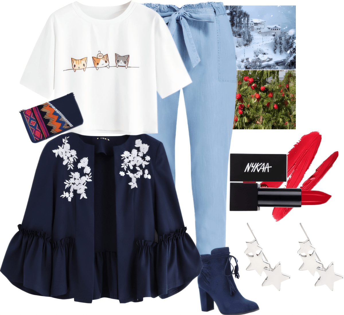 Whimsical Winter Blues: Cats & Florals Feminine Fusion by Somya