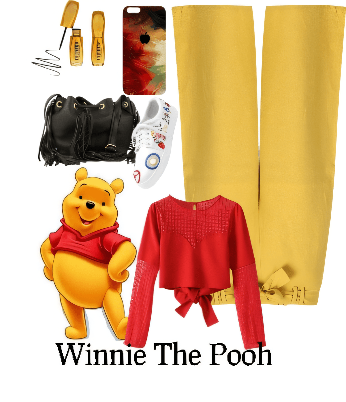 Winnie the Pooh inspired outfit featuring yellow pants, red crop top, black handbag, and gold accessories