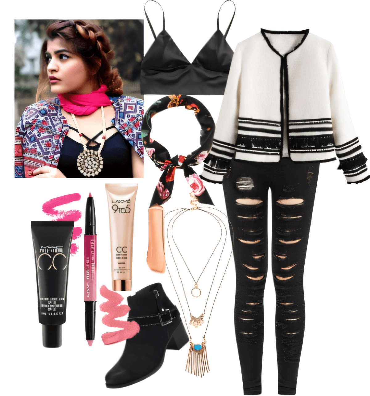 Tenue décontractée audacieuse avec cardigan rayé blanc, jean déchiré noir, bralette, collier tendance, bottines et accessoires bohèmes