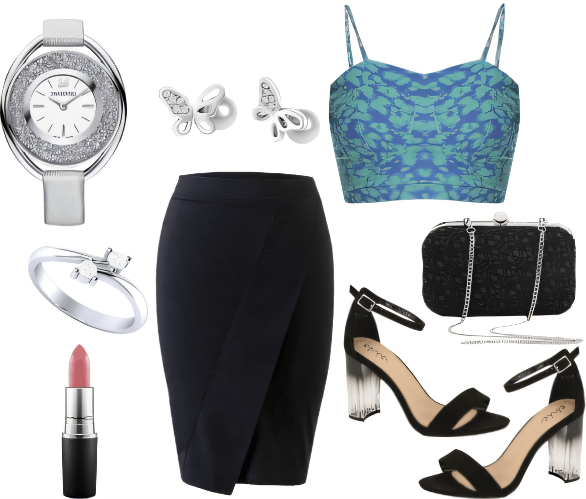 Evening outfit with blue-green crop top, black pencil skirt, crystal-embellished watch, butterfly earrings, black sandals, and clutch