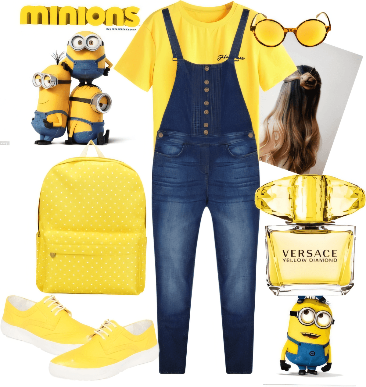 Minion-inspired outfit featuring denim overalls, yellow t-shirt, yellow backpack, matching sneakers, sunglasses, and Versace Yellow Diamond perfume