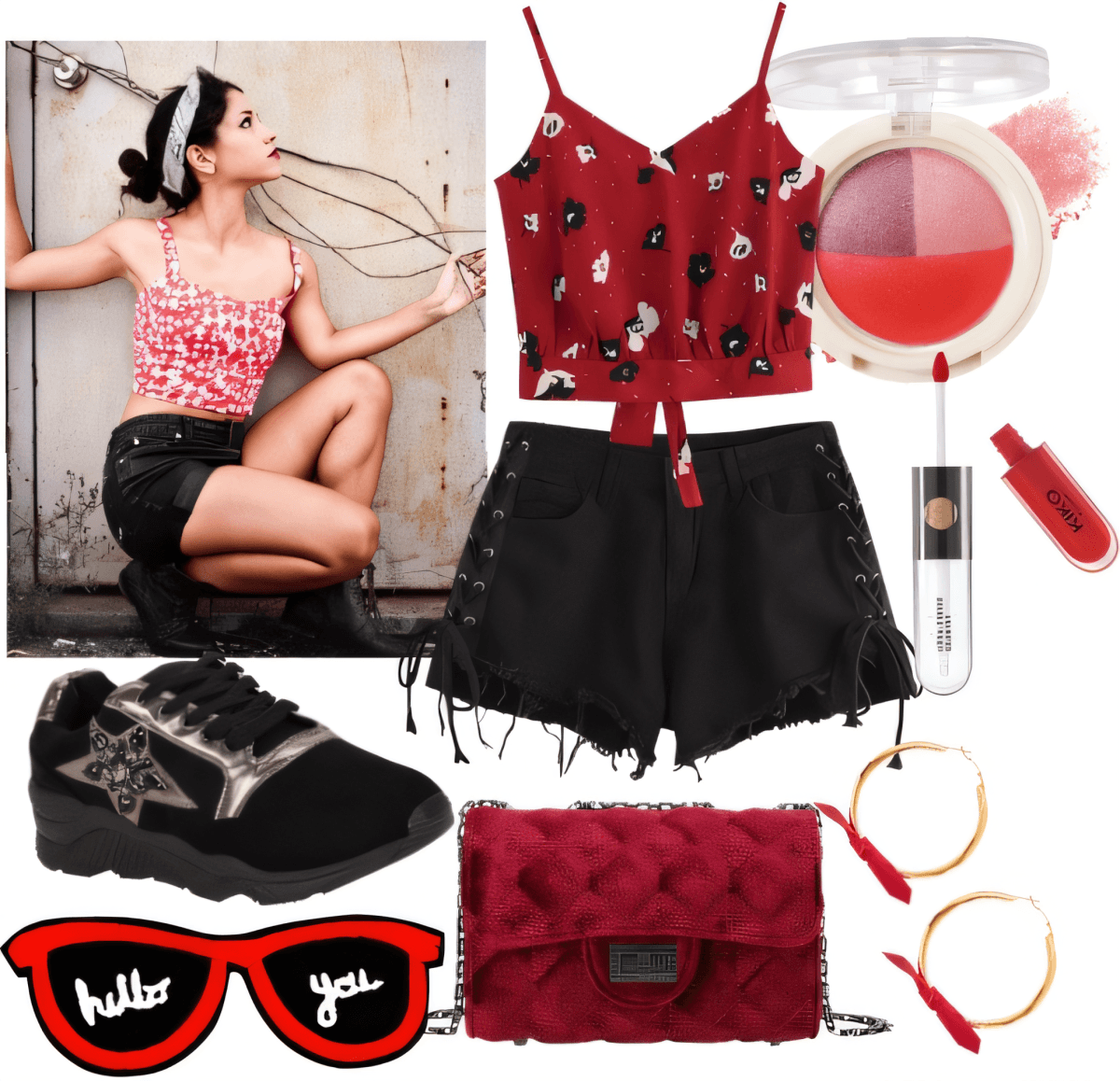 Edgy vintage-inspired outfit featuring red floral crop top, black distressed shorts, platform sneakers, red accessories and sunglasses