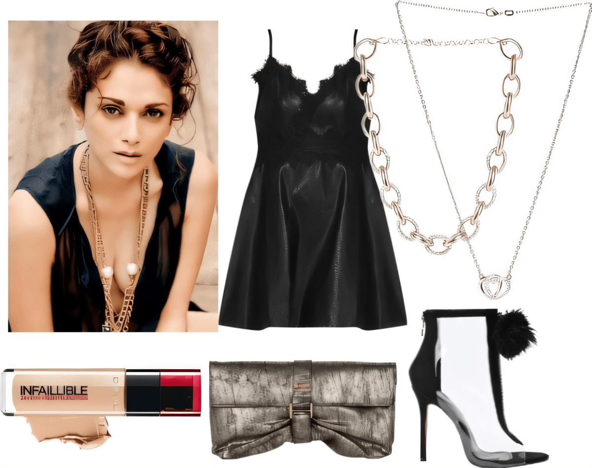 Evening outfit featuring black cocktail dress, silver chain necklaces, black fur-trim heels, metallic clutch, and makeup essentials