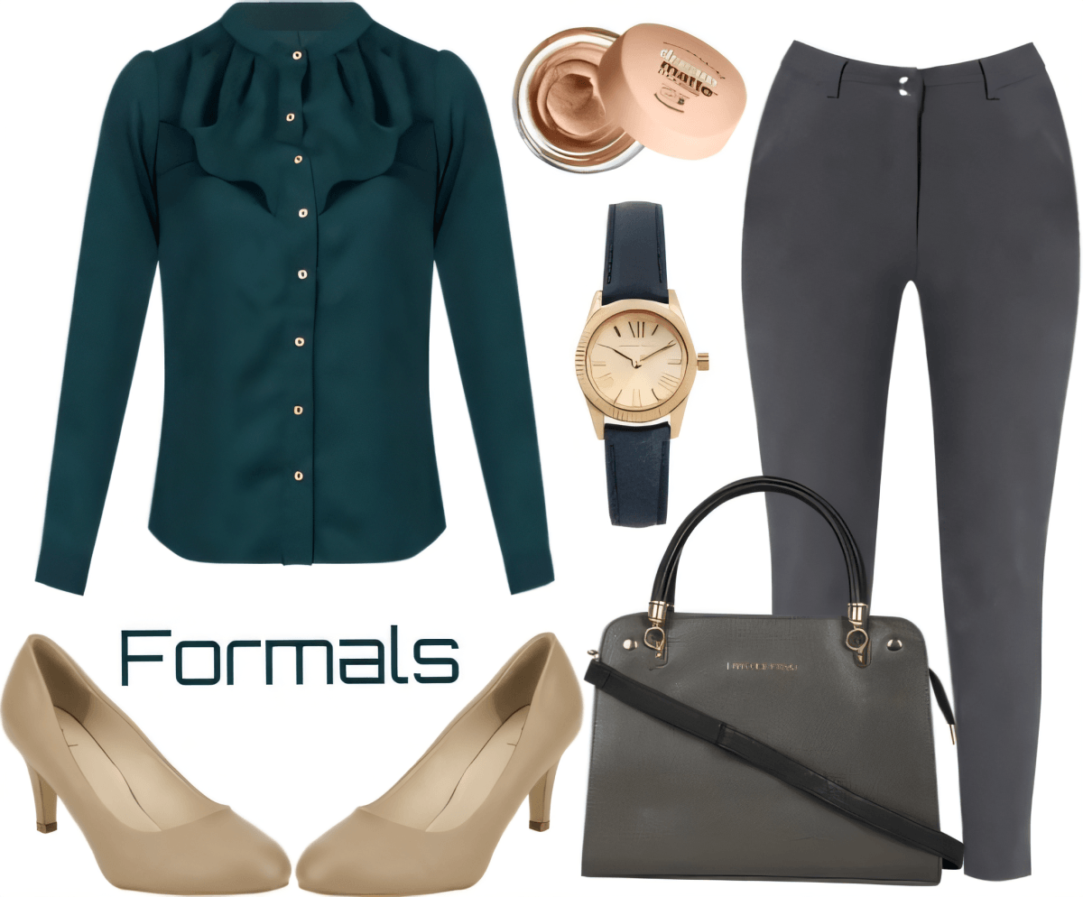 Tenue professionnelle composée d'un chemisier vert émeraude, d'un pantalon gris, d'escarpins nude, d'un sac Michael Kors, d'une montre et d'un boîtier de maquillage