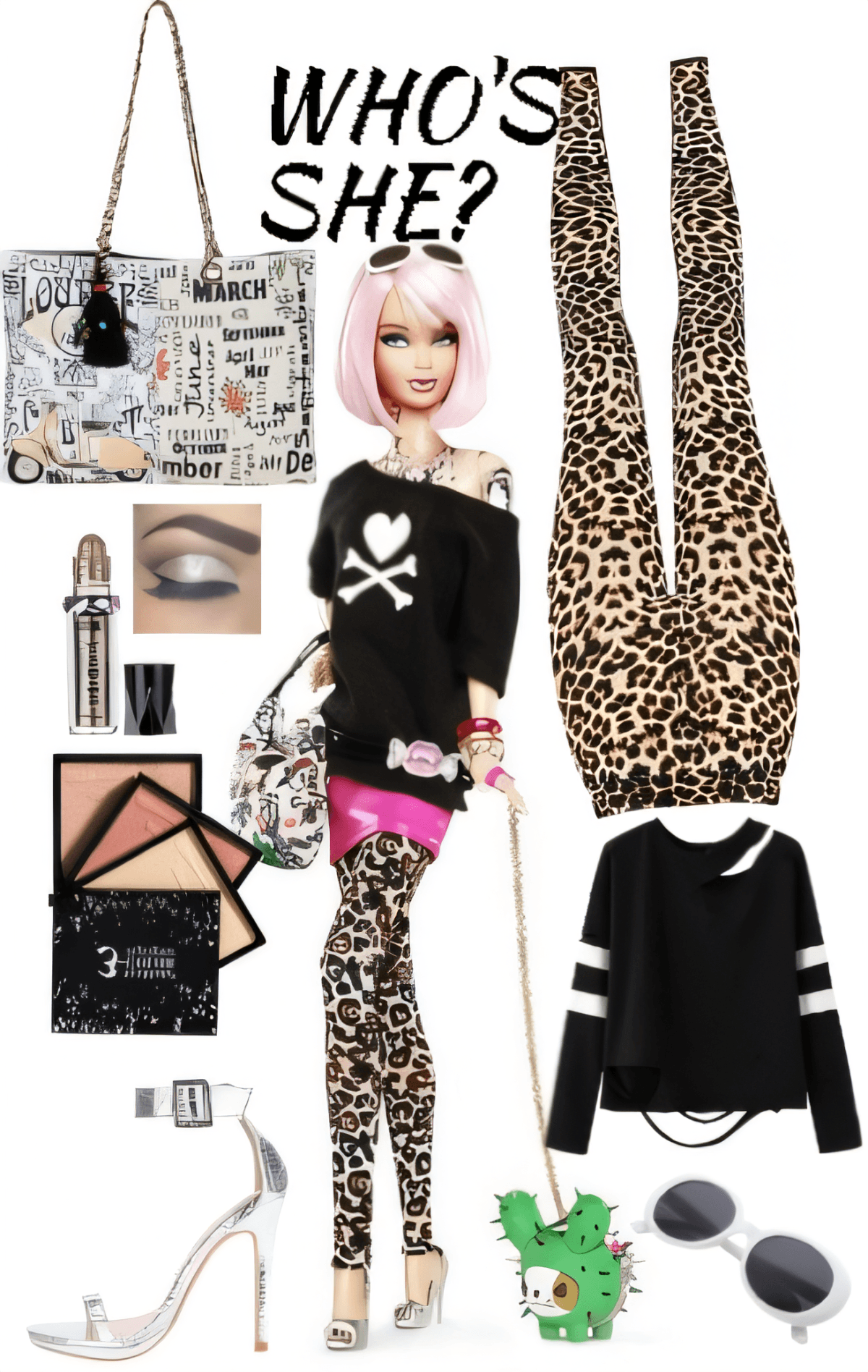 Atuendo atrevido con leggings con estampado de leopardo, suéter negro con calavera, bolso y accesorios plateados con detalles rosas.