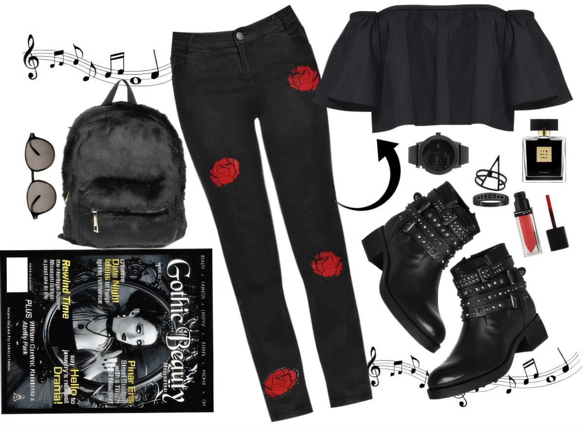 Edgy all-black outfit featuring rose-embellished jeans, crop top, studded boots, velvet backpack, and gothic accessories with musical notes