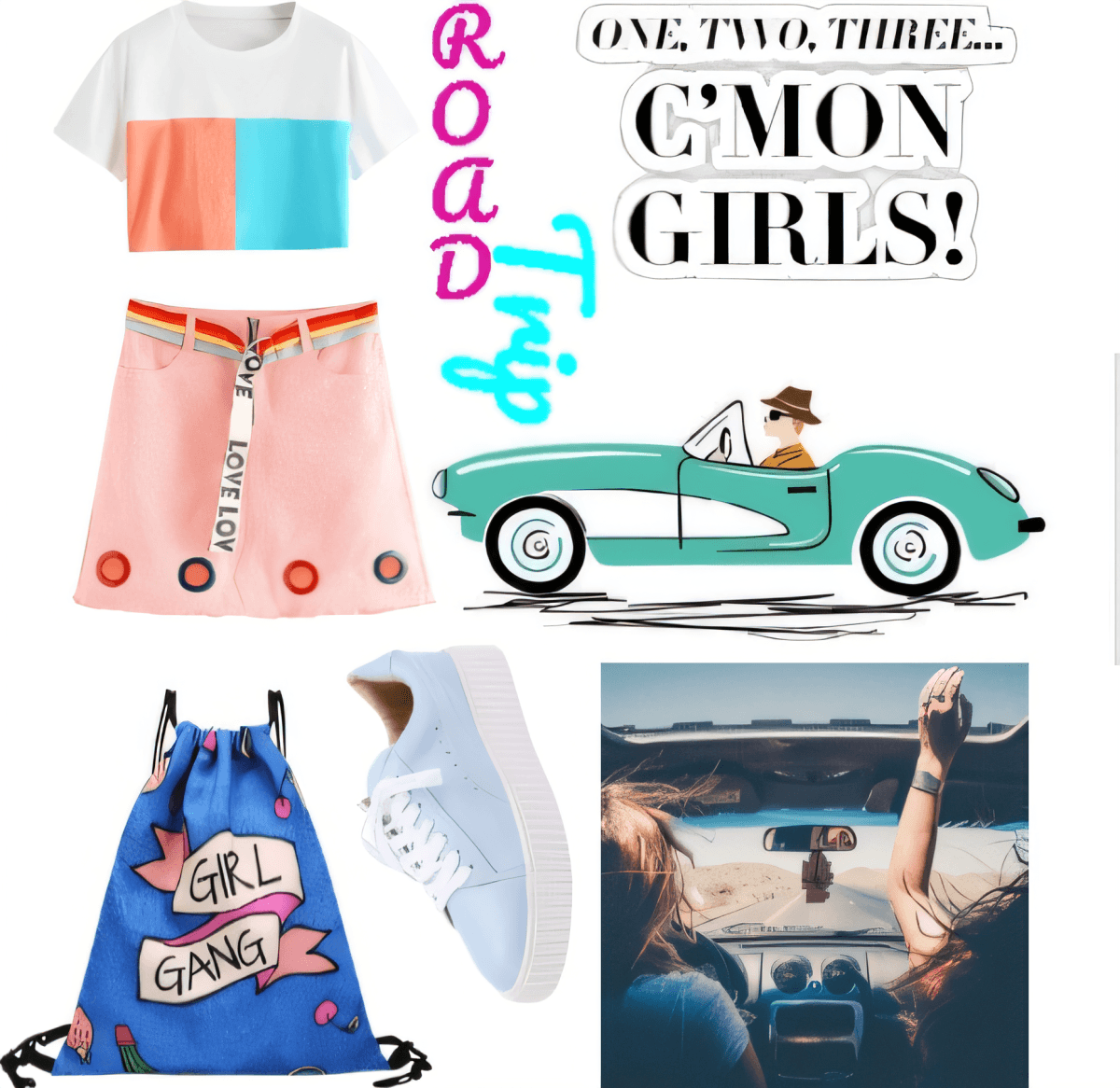 Summer road trip outfit featuring color block crop top, pink skirt, white sneakers, blue drawstring bag with vintage car illustration