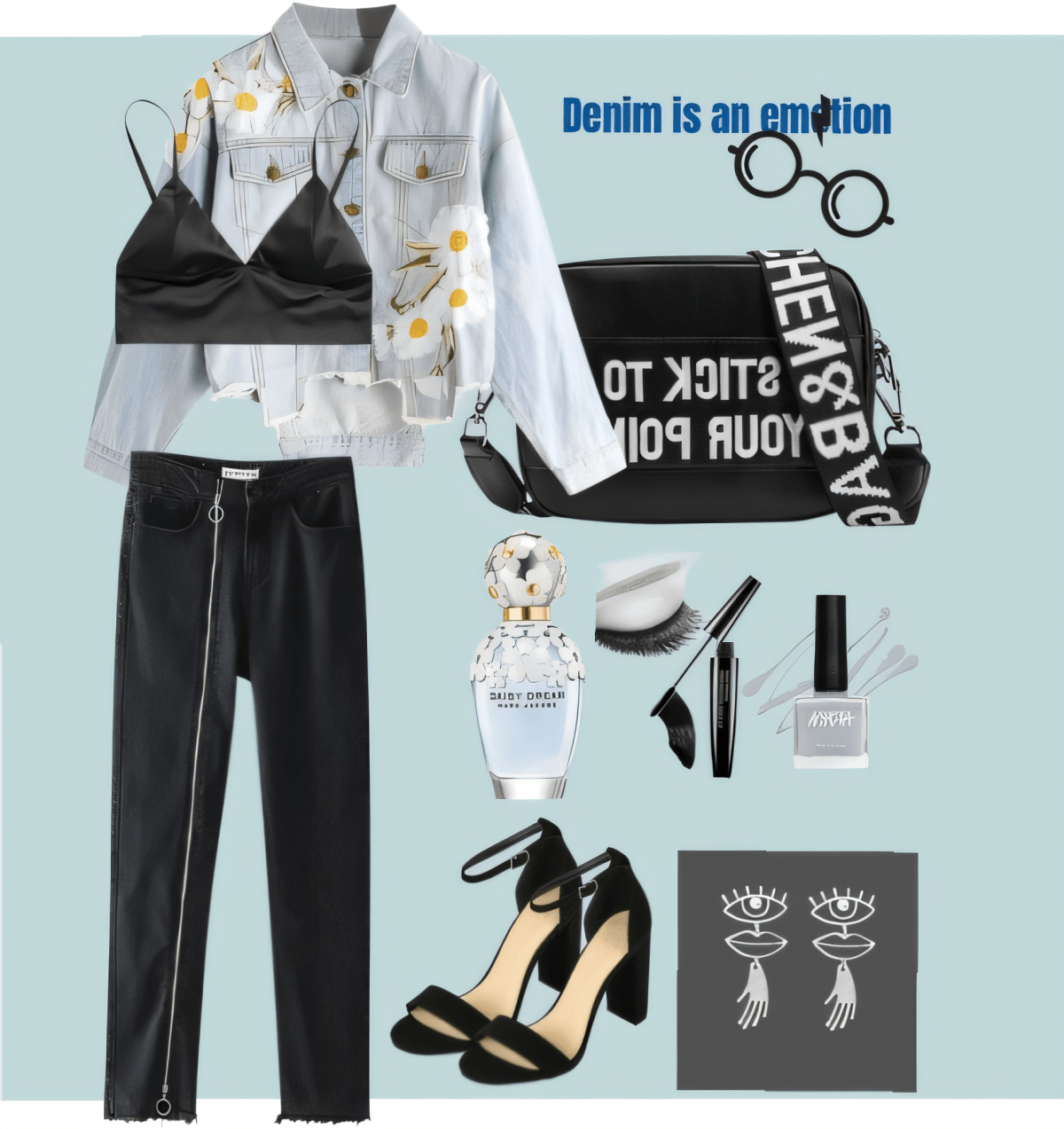 Lässig-schickes Outfit bestehend aus heller Jeansjacke mit Gänseblümchenverzierungen, schwarzer Hose, schwarzem Bralette, Accessoires und Heels