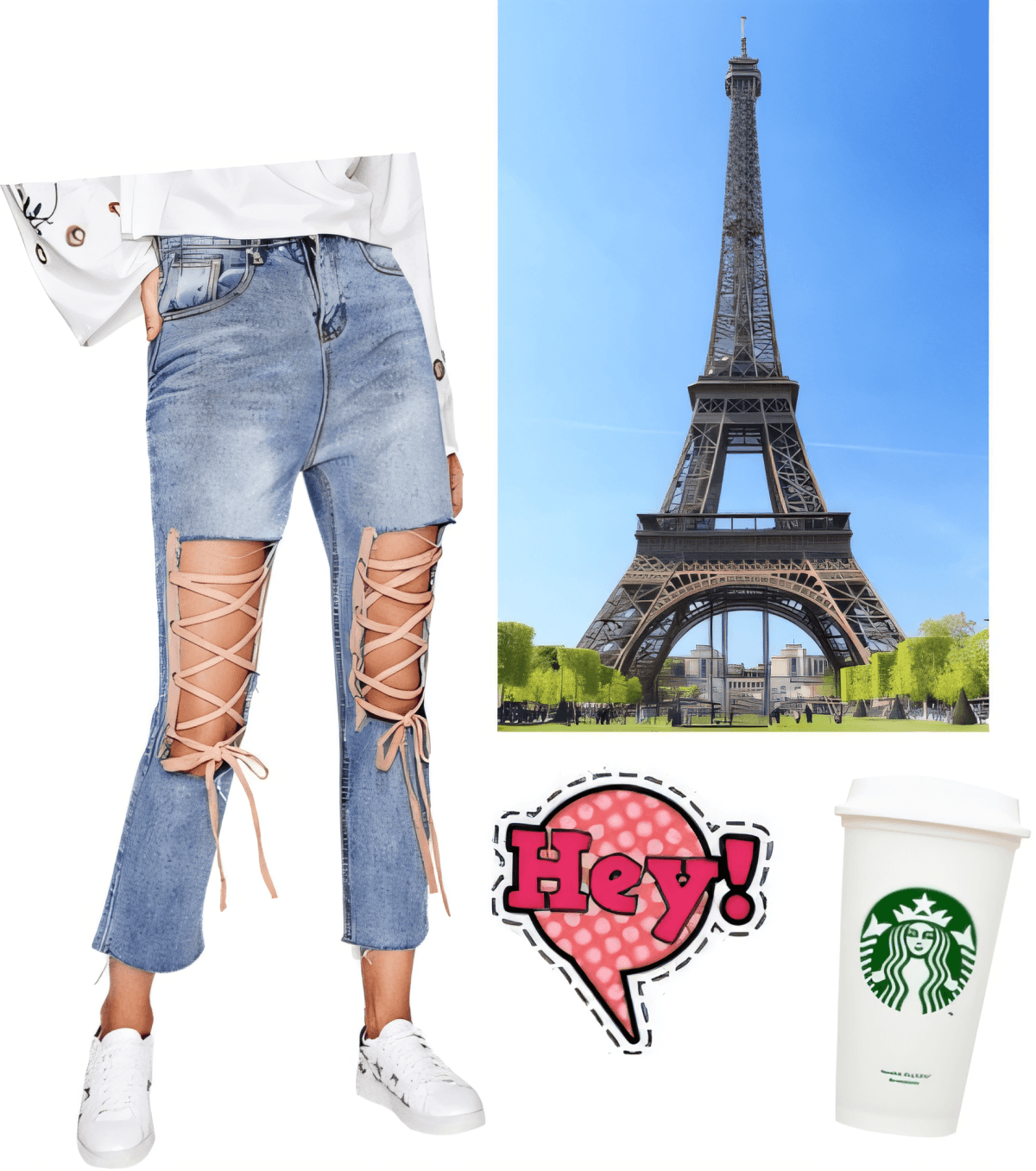 Jean à lacets vieilli associé à un haut blanc et des baskets, stylisé avec l'esthétique Starbucks et l'inspiration de la tour Eiffel