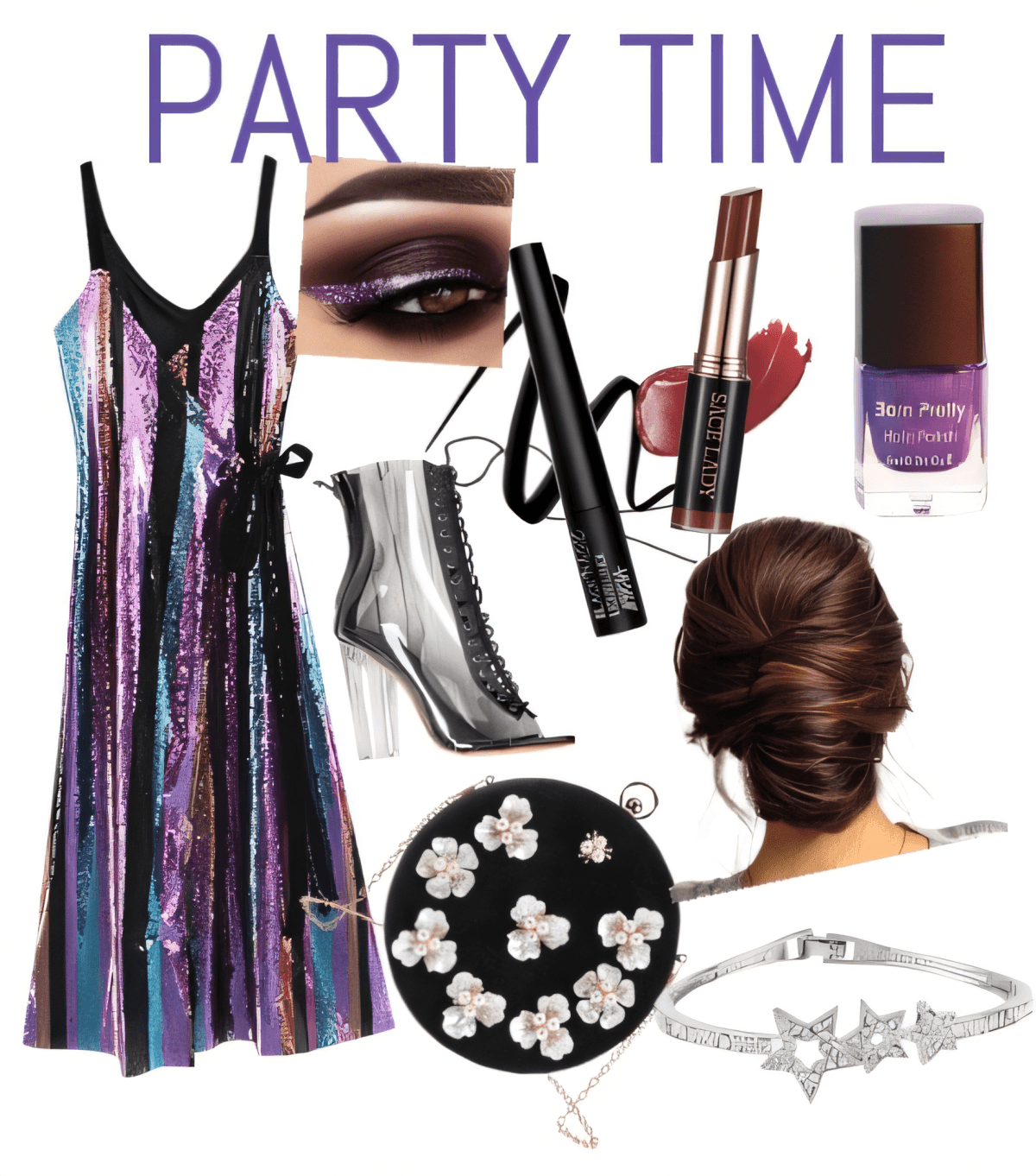 Atuendo de fiesta con vestido de lentejuelas a rayas en violeta y azul, botines transparentes, elegante peinado recogido, accesorios de estrella y elementos esenciales de maquillaje de noche.