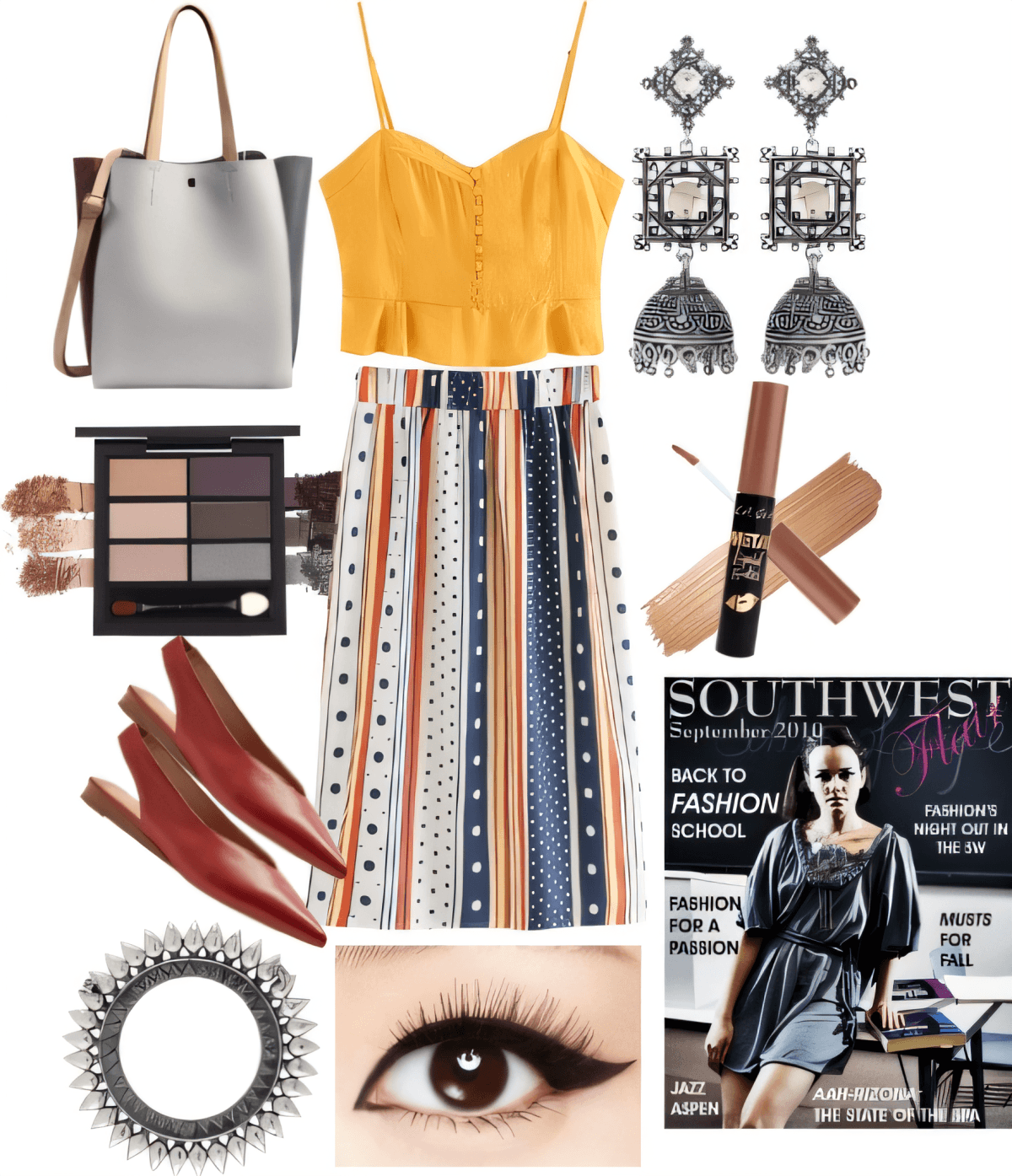 Bohemian outfit featuring yellow crop top, striped midi skirt, grey tote, statement earrings, and burgundy flats with coordinating makeup