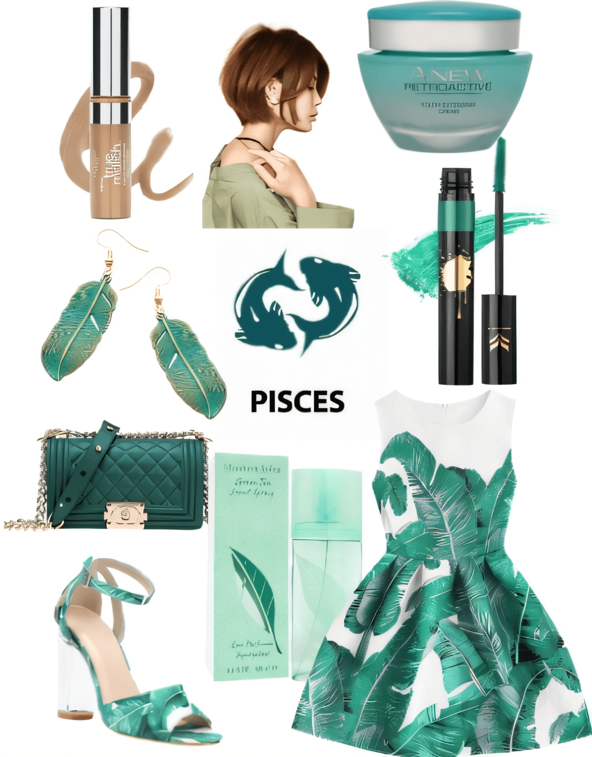 Luxe summer outfit featuring palm print dress, teal quilted bag, green sandals, and matching accessories in Pisces-inspired aesthetic