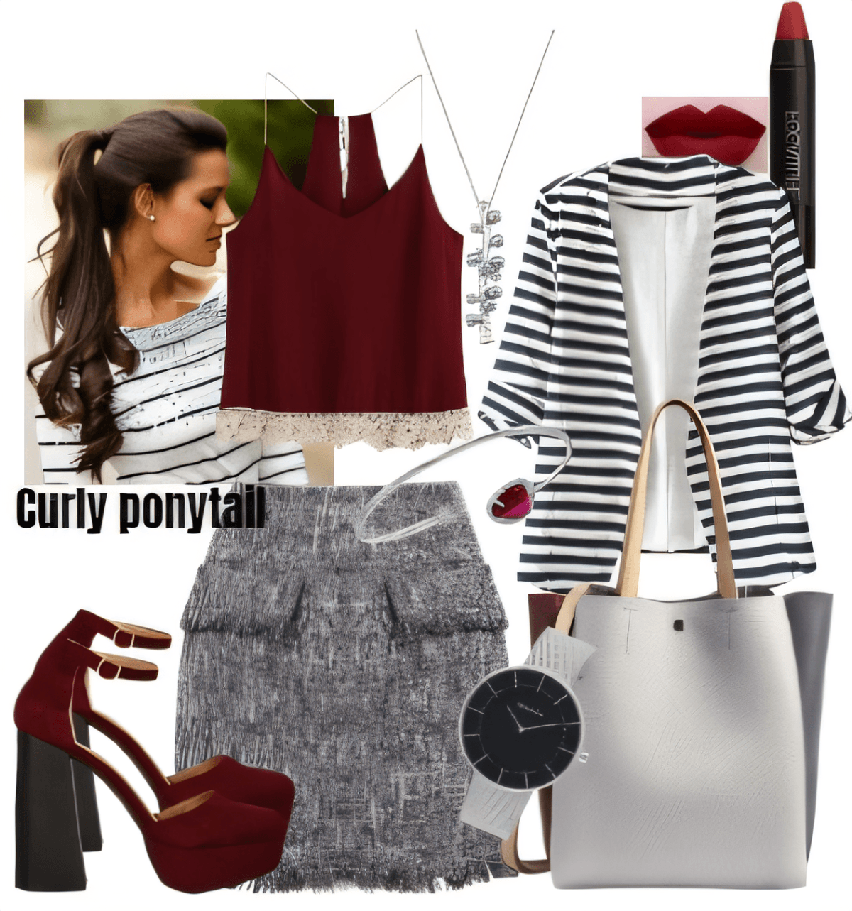 Colección de moda que incluye una camiseta sin mangas color burdeos, un blazer de rayas, una falda de tweed, tacones de plataforma color burdeos y un bolso de mano blanco.