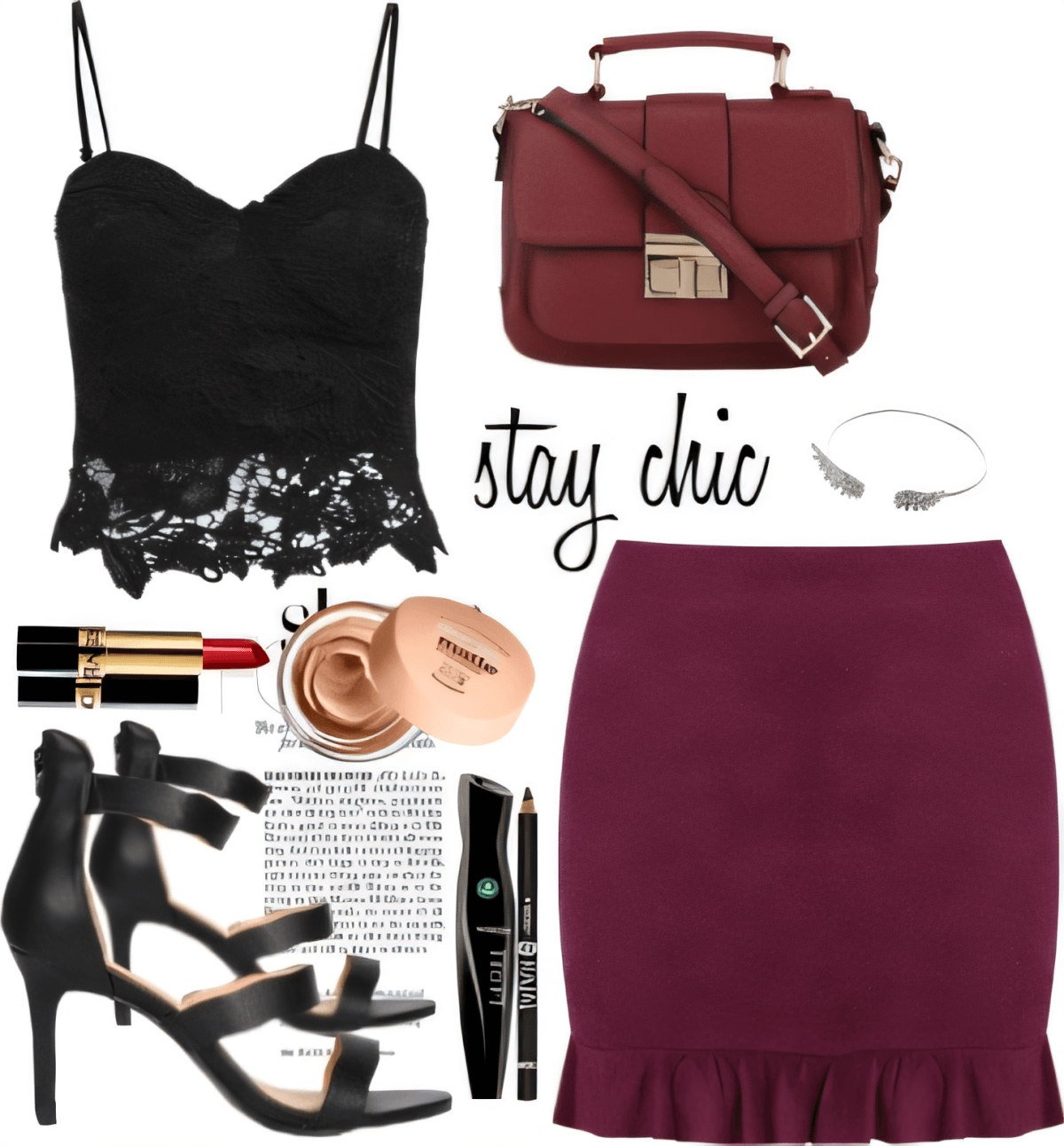Evening outfit with black lace crop top, burgundy pencil skirt with ruffle hem, burgundy leather bag, black strappy heels, and makeup accessories