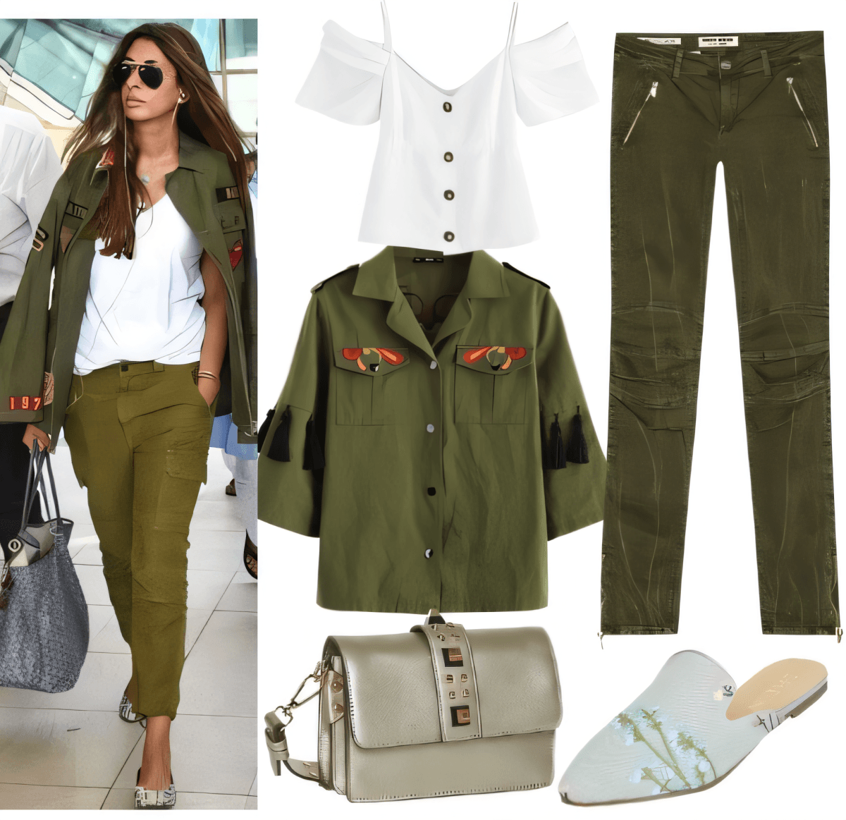 Casual-luxe outfit featuring olive green military jacket, white button-front top, olive skinny pants, metallic accessories, and light blue mules