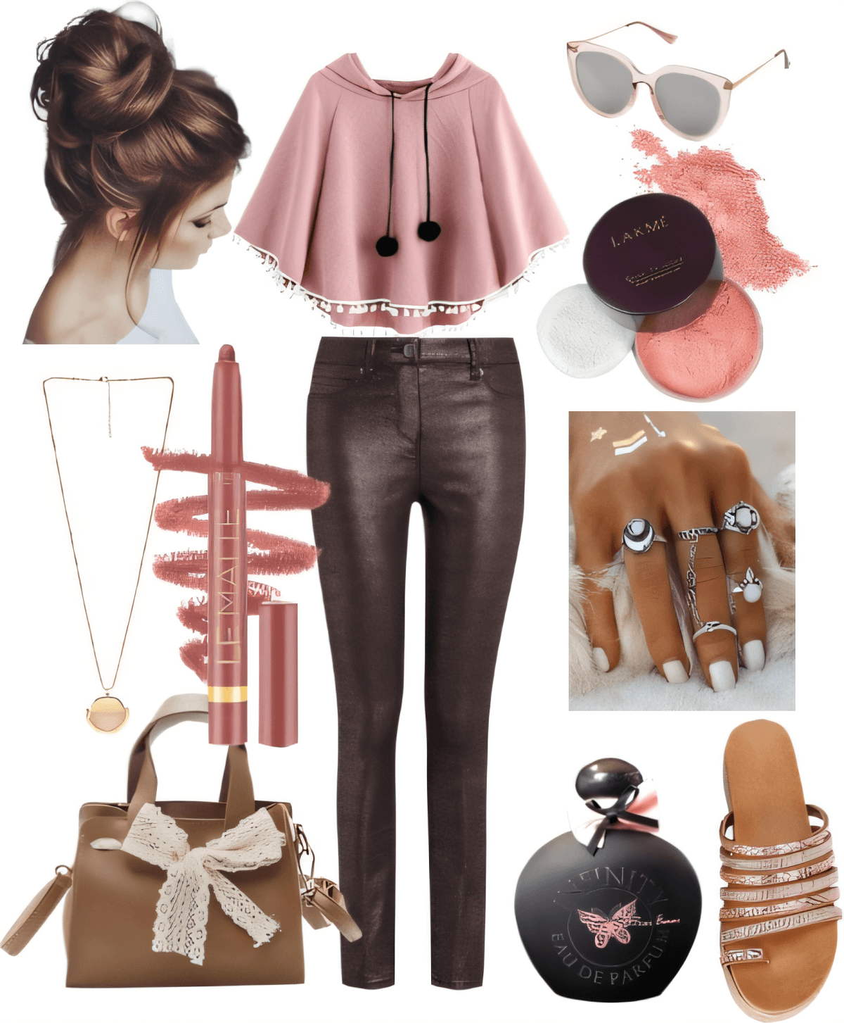 Tenue chic composée d'un poncho rose, d'un pantalon métallisé, d'un sac à main marron, de lunettes de soleil, de bijoux et de sandales avec des accents de maquillage et de parfum