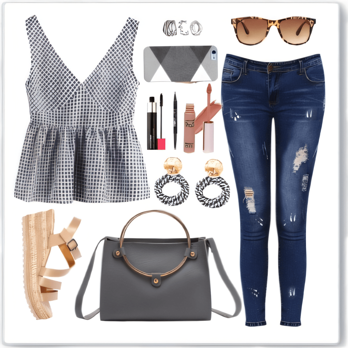 Outfit estivo con top peplo a quadretti, jeans usurati, sandali con plateau, borsa grigia e accessori coordinati