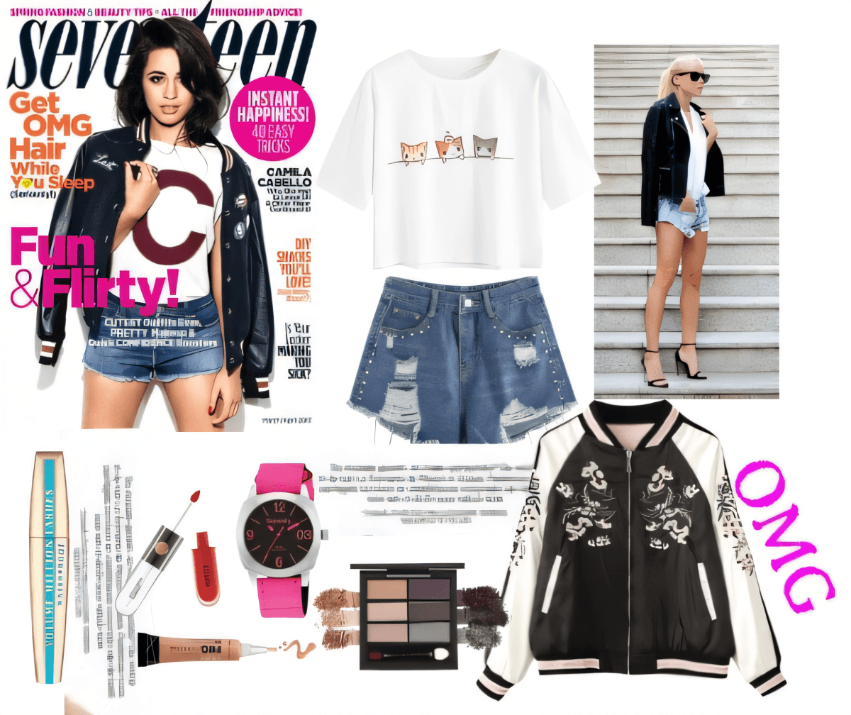 Street style outfit featuring leather bomber jacket, cat print t-shirt, distressed denim shorts, and accessories Street style outfit featuring leather bomber jacket, cat print t-shirt, distressed denim shorts, and accessories